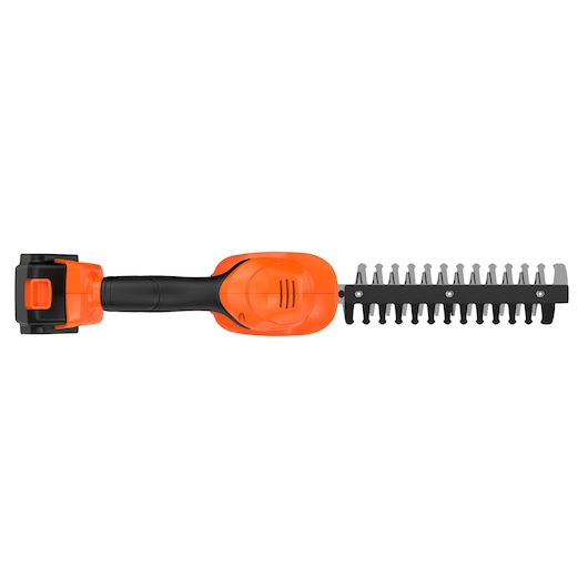 BLACKDECKER BCSS18D1 taille-haie sans fil, orange et noir, vue du dessus, outil de jardin