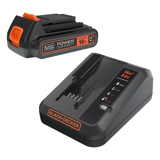 Batterie d’outil électrique au lithium BLACK+DECKER (18V, 2,0 Ah) et chargeur compatible avec voyants lumineux, tous deux en noir avec des accents orange.