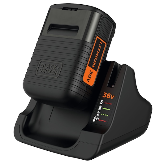 Een BLACK+DECKER 36V lithiumbatterijlader met geplaatste batterij, met laadindicatorlampjes. De lader en batterij zijn zwart met oranje label.