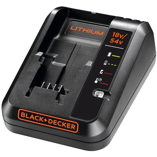 BLACK+DECKER BDC2A lithium accu oplader voor 18V/54V, zwart, frontaal zicht, LED-indicatoren zichtbaar