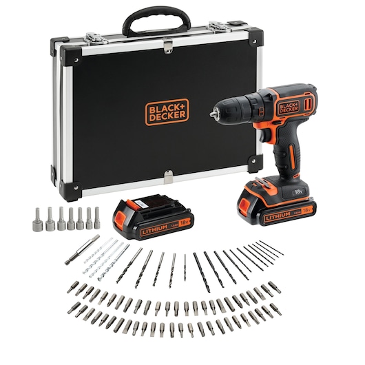 Un kit de perceuse sans fil BLACK+DECKER comprenant une mallette de transport noire, une batterie au lithium 18V, une perceuse sans fil, des forets, des embouts de tournevis et divers accessoires disposés devant la mallette.