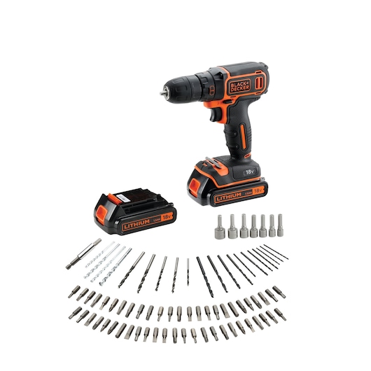 Un ensemble de perceuse sans fil BLACK+DECKER, comprenant une perceuse à batterie lithium-ion 18V, une batterie supplémentaire et une grande variété de forets et embouts de tournevis disposés en demi-cercle.