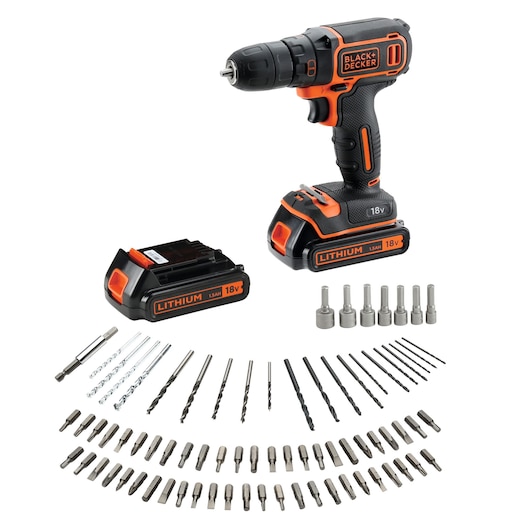 Set de perceuse sans fil BLACK+DECKER 18V avec batterie au lithium et une grande variété de forets et d'embouts de tournevis, disposés en demi-cercle.