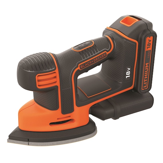 BLACKDECKER BDCDS18 ponceuse de détail sans fil 18V lithium, orange et noire, vue latérale.