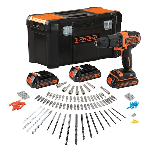 Kit de perceuse sans fil BLACK+DECKER avec trois batteries lithium 18V, une boîte à outils noire et orange, divers forets, embouts de tournevis, adaptateurs douilles et chevilles murales.