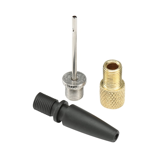 BLACKDECKER BDCINF18N inflatie adapter accessoire set, zwarte en metalen onderdelen, frontaal aanzicht.