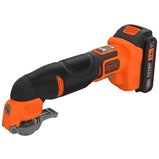BLACK+DECKER BDCOS18D1K outil multifonction oscillant sans fil, orange et noir, vue latérale droite, fond blanc.