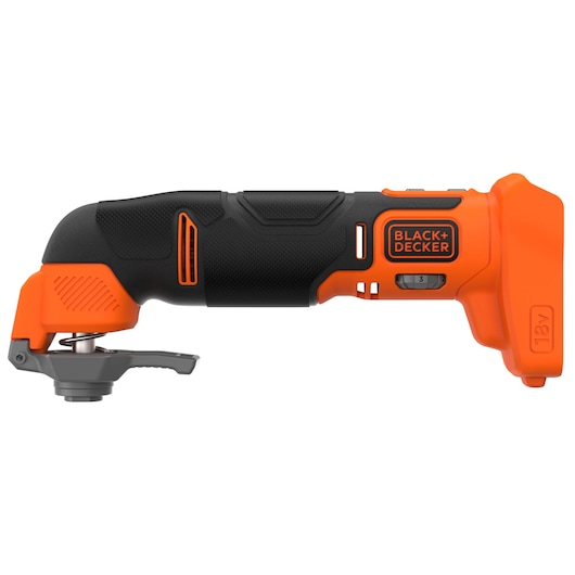 BLACK+DECKER BDCOS18N draadloze oscillerende multitool, zijaanzicht, zwart en oranje, fotografie.