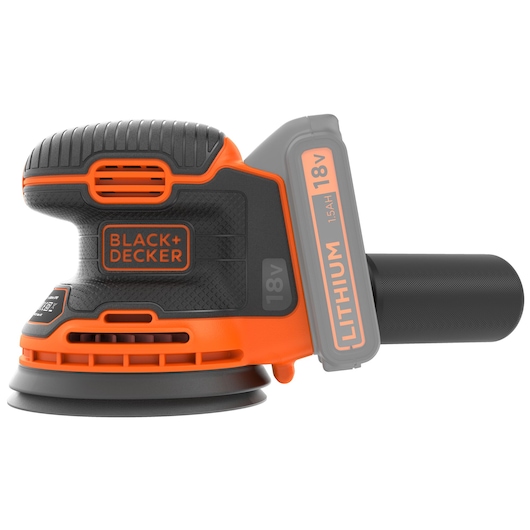 Une ponceuse orbitale aléatoire sans fil BLACK+DECKER, équipée d'une batterie lithium 18V. L'outil est principalement noir avec des accents orange et possède une poignée à prise texturée.