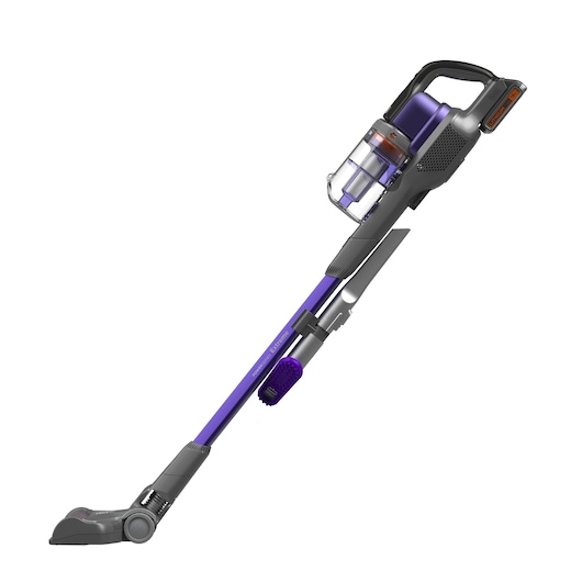 Un aspirateur balai sans fil au design violet et gris, doté d'un récipient à poussière transparent et d'une poignée ergonomique.