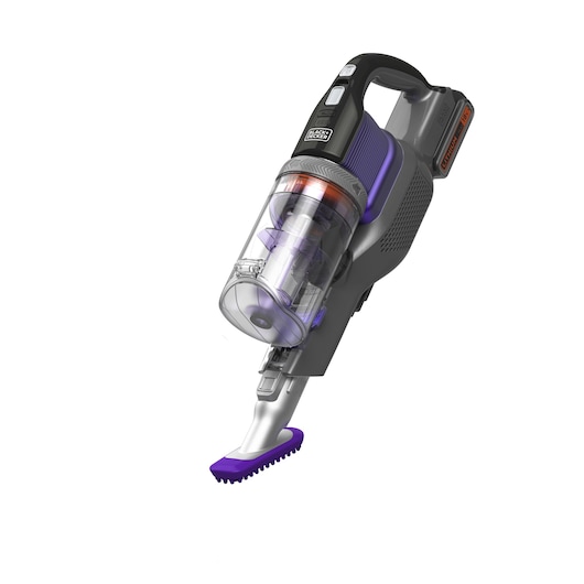 Aspirateur à main sans fil BLACK+DECKER avec un récipient à poussière transparent et une buse de brosse violette, conçu pour un nettoyage facile et efficace.