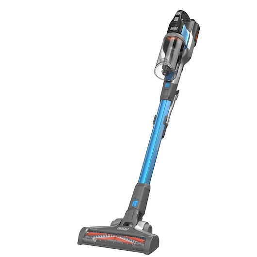 Aspirateur-balai sans fil avec un réservoir à poussière transparent et des accents bleus, de la marque BLACK+DECKER.