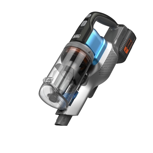 Un aspirateur à main sans fil avec un récipient à poussière transparent et une batterie visible, arborant un design moderne en noir, argent et bleu.