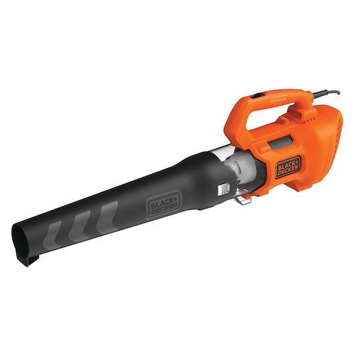 BLACK+DECKER BEBL185 elektrische bladblazer in oranje en zwart, zijaanzicht op witte achtergrond.