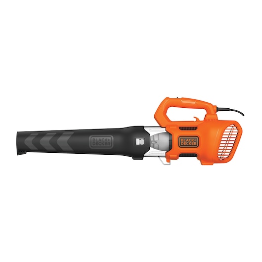 BLACKDECKER BEBL185 elektrische bladblazer, zijaanzicht, oranje en zwart ontwerp op witte achtergrond.