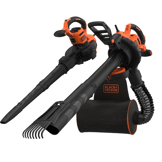 BLACK+DECKER BEBLV301 bladblazer en -zuiger met opvangzak, vooraanzicht, zwart en oranje.