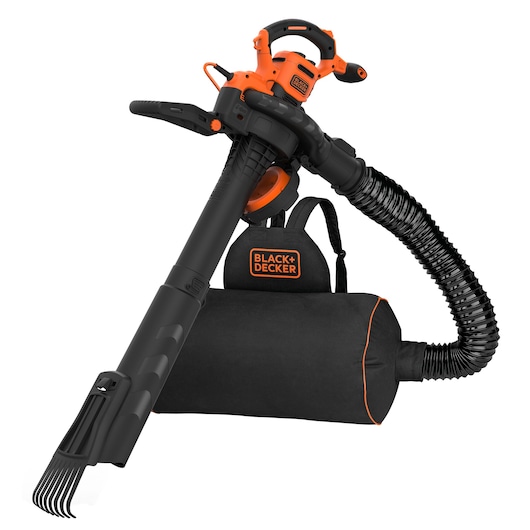BLACK+DECKER BEBLV301 bladblazer en zuiger met opvangzak, zwart en oranje, frontaal op witte achtergrond
