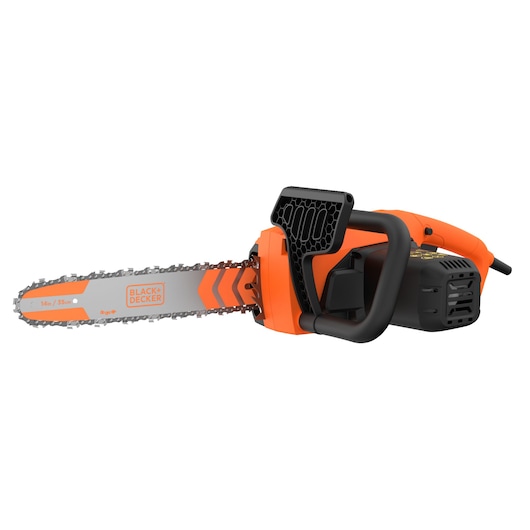 BLACK+DECKER elektrische kettingzaag met een blad van 35 cm (14 inch), uitgevoerd in een oranje en zwart ontwerp.