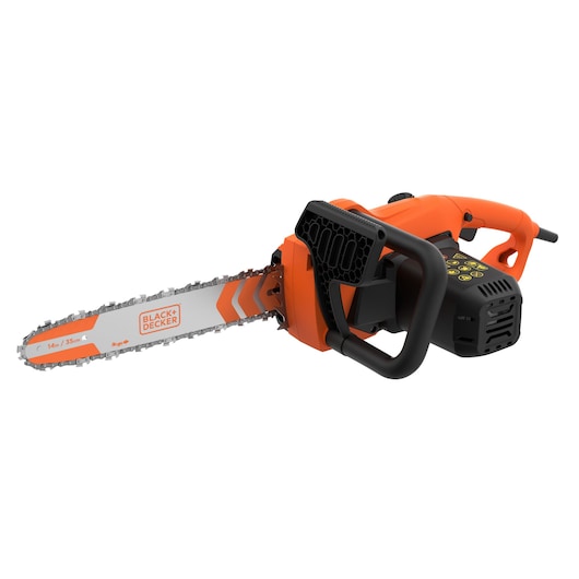 Tronçonneuse électrique BLACK+DECKER avec carter orange et noir, présentant une lame de 35 cm (14 pouces) et une poignée de sécurité.