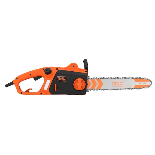 Tronçonneuse électrique BLACK+DECKER au design orange et noir, équipée d'une lame de 35 cm (14 pouces) et d'une poignée ergonomique.