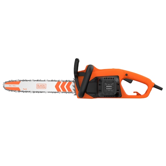 BLACK+DECKER BECS2040 tronçonneuse électrique orange et noire, vue latérale sur fond blanc.