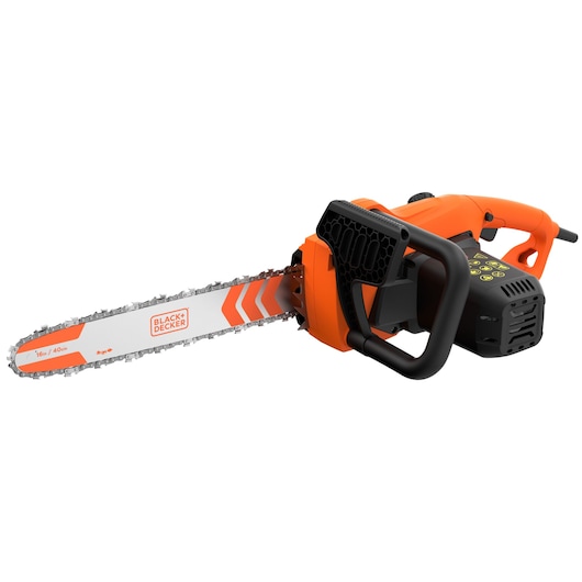 Tronçonneuse électrique BLACK+DECKER BECS2040, orange et noire, guide de 40 cm, vue latérale sur fond blanc.