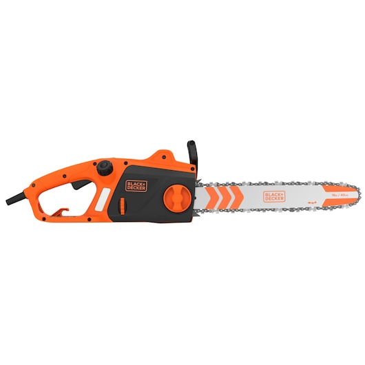 Photo de la BLACKDECKER BECS2040 tronçonneuse électrique, orange et noire, vue latérale, guide de 16 pouces.