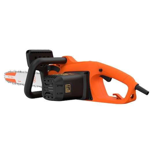 BLACKDECKER BECS2040 tronçonneuse électrique orange et noire vue de face sur fond blanc.