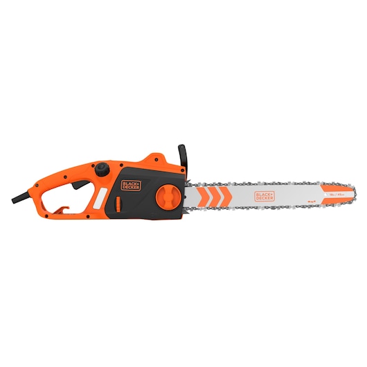 BLACKDECKER BECS2245 elektrische kettingzaag, oranje en zwart, zijaanzicht op witte achtergrond.