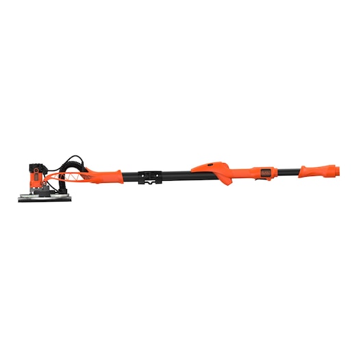 Een uitschuifbare BLACK+DECKER wand- en plafondschuurmachine in oranje en zwart, met een ronde schuurkop en ergonomisch handvat.