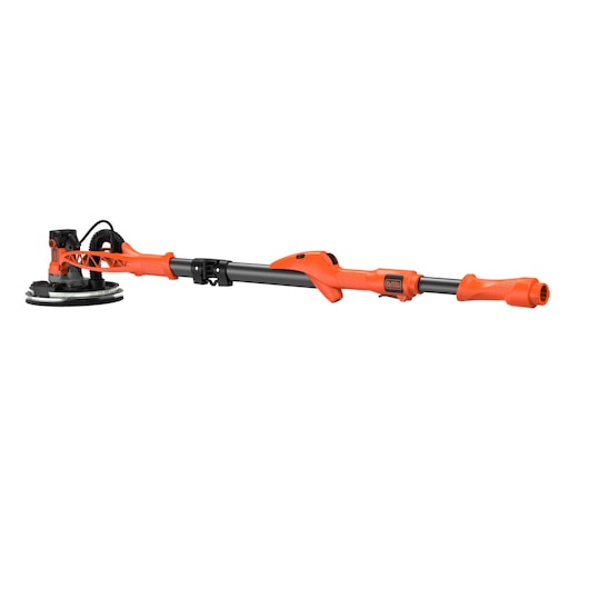 BLACK+DECKER oranje elektrische langstelige gipswand schuurmachine met ronde schuurkop en verstelbare telescopische steel.