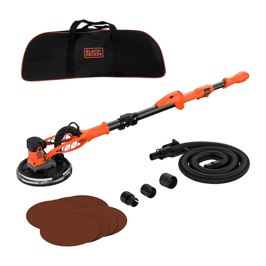 BLACK+DECKER gipswandenschuurset met schijven, slang, hulpstukken en zwarte tas met oranje accenten.