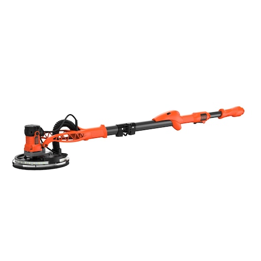 Een oranje-zwarte BLACK+DECKER gipswandschuurmachine met telescopische handgreep en ronde schuurkop.