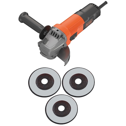 Een oranje-zwarte BLACK+DECKER haakse slijper met een zijhandgreep, afgebeeld boven drie slijpschijven.