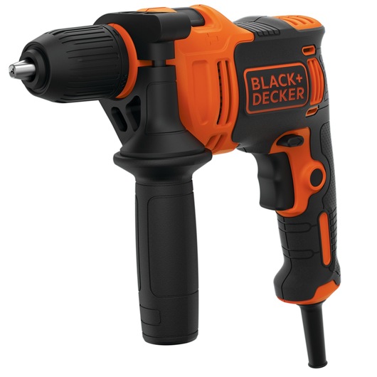 BLACK+DECKER BEH550 perceuse filaire avec poignée latérale, orange et noir, vue de face sur fond blanc.