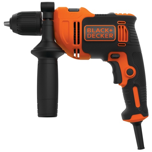 BLACKDECKER BEH550 perceuse à percussion filaire, noire et orange, vue latérale gauche, poignée ergonomique.