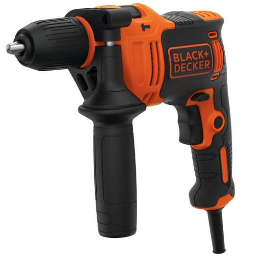 BLACK+DECKER BEH710K perceuse marteau filaire orange et noire, angle droit, photographie.