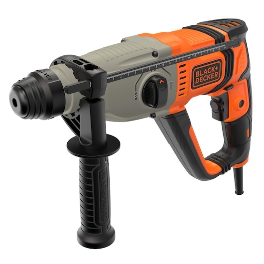 BLACK+DECKER elektrische boorhamer met ergonomisch handvat, extra handgreep aan de zijkant en bedieningsknop, weergegeven in oranje, zwart en grijs.