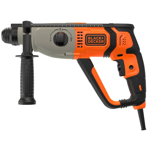 Een BLACK+DECKER elektrische roterende hamerboormachine met ergonomische handgreep en zijhandgreep, weergegeven in oranje en zwart.