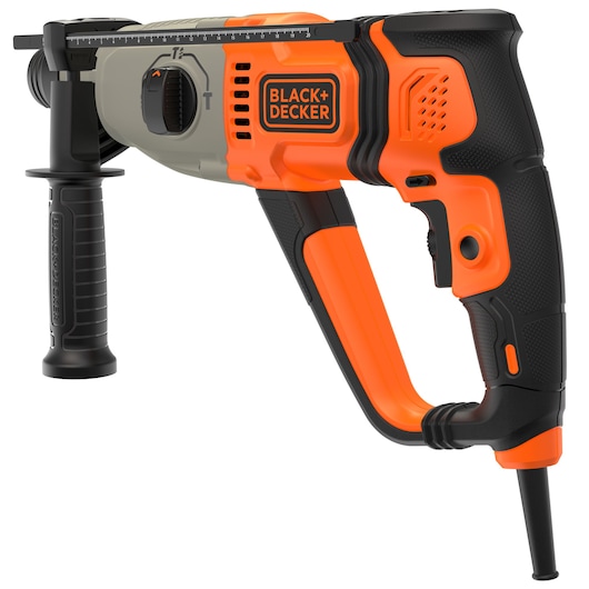 BLACK+DECKER elektrische boorhamer met snoer, zijhandgreep, oranje en zwart ontwerp en zichtbare instelknop.