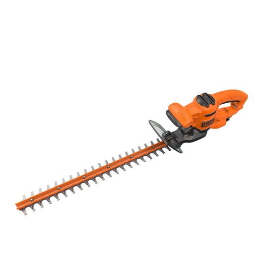 BLACKDECKER BEHT251 oranje elektrische heggenschaar, zijaanzicht op witte achtergrond.