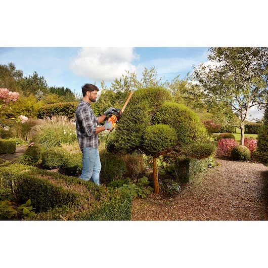 BLACKDECKER BEHTS301 heggenschaar in gebruik voor snoeien van topiary in een tuin.