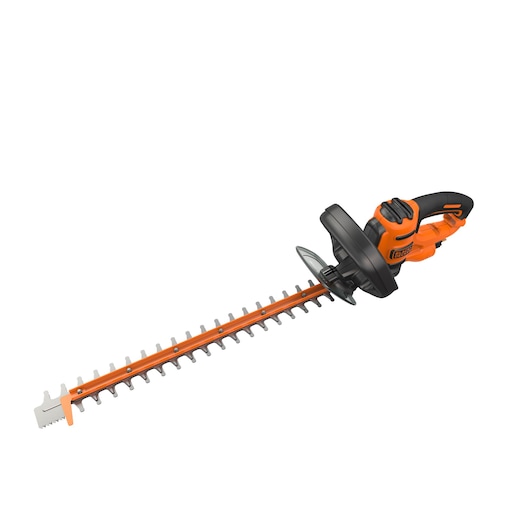 BLACKDECKER BEHTS401 oranje en zwarte heggenschaar, zijaanzicht op witte achtergrond.