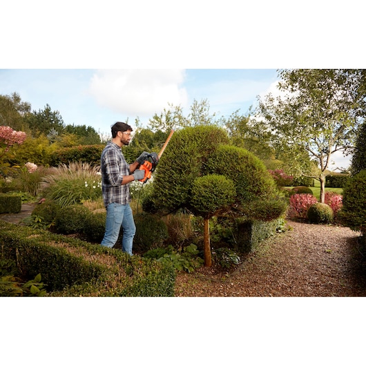BLACKDECKER BEHTS401 heggenschaar in gebruik voor het trimmen van gevormde struiken in een tuin.