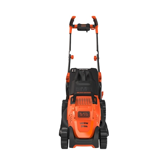 BLACKDECKER BEMW461BH grasmaaier, oranje en zwart, voorkant, zichtbare hendel en wielen.