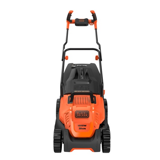 BLACKDECKER BEMW471BH elektrische grasmaaier, oranje en zwart, voorkant, fotografie categorie.