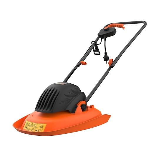 BLACKDECKER BEMWH551 tondeuse à gazon électrique à coussin d’air orange et noir, vue latérale sur fond blanc.