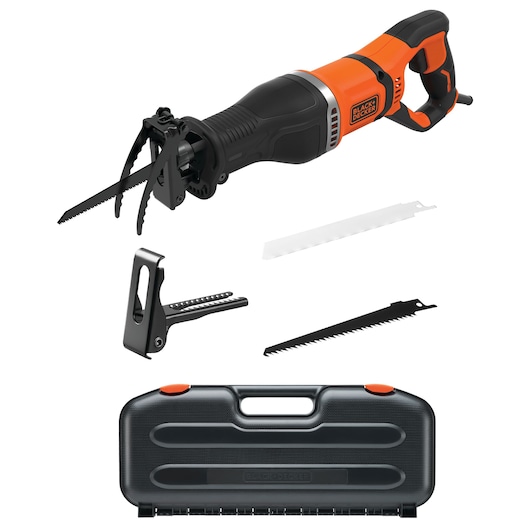 BLACK+DECKER reciprozaagset met een oranje-zwarte elektrische zaag, verschillende zaagbladen, een metalen accessoire en een zwarte draagkoffer.
