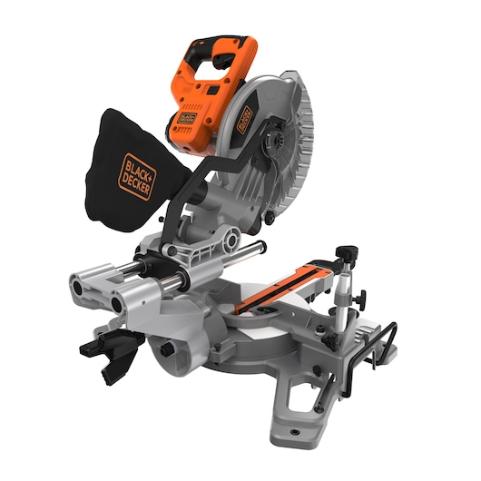 BLACKDECKER BES701 verstekzaag, zilver en oranje, zijaanzicht, met stofzak en schuifrail.