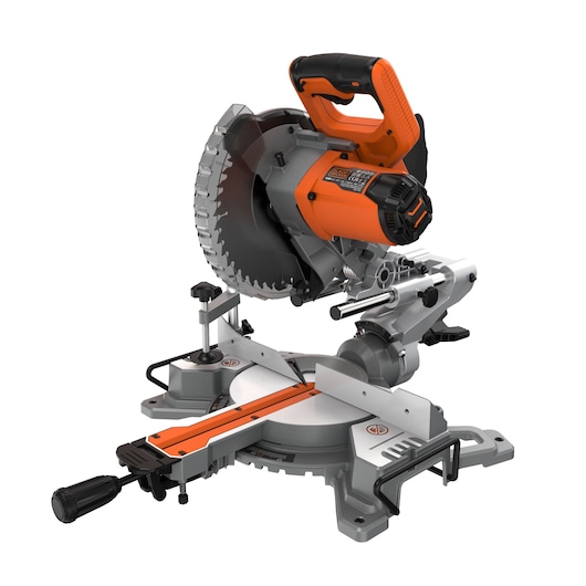 BLACKDECKER BES701 verstekzaag met oranje en zwarte accenten, zijaanzicht op witte achtergrond.